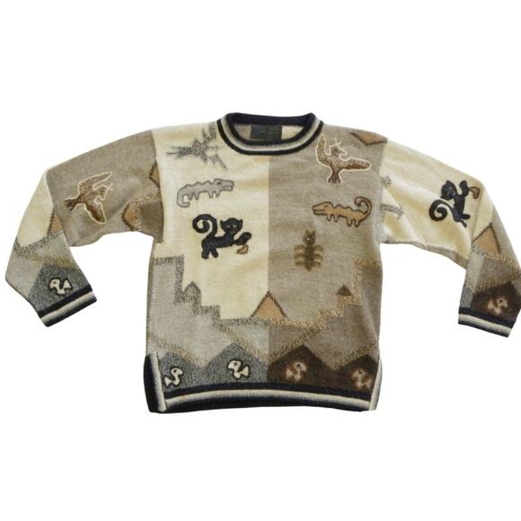 Peruvian Baby Alpaca Primitive Animal Intarsia Sweater Neutral Beige Tan Small - Picture 7 of 10